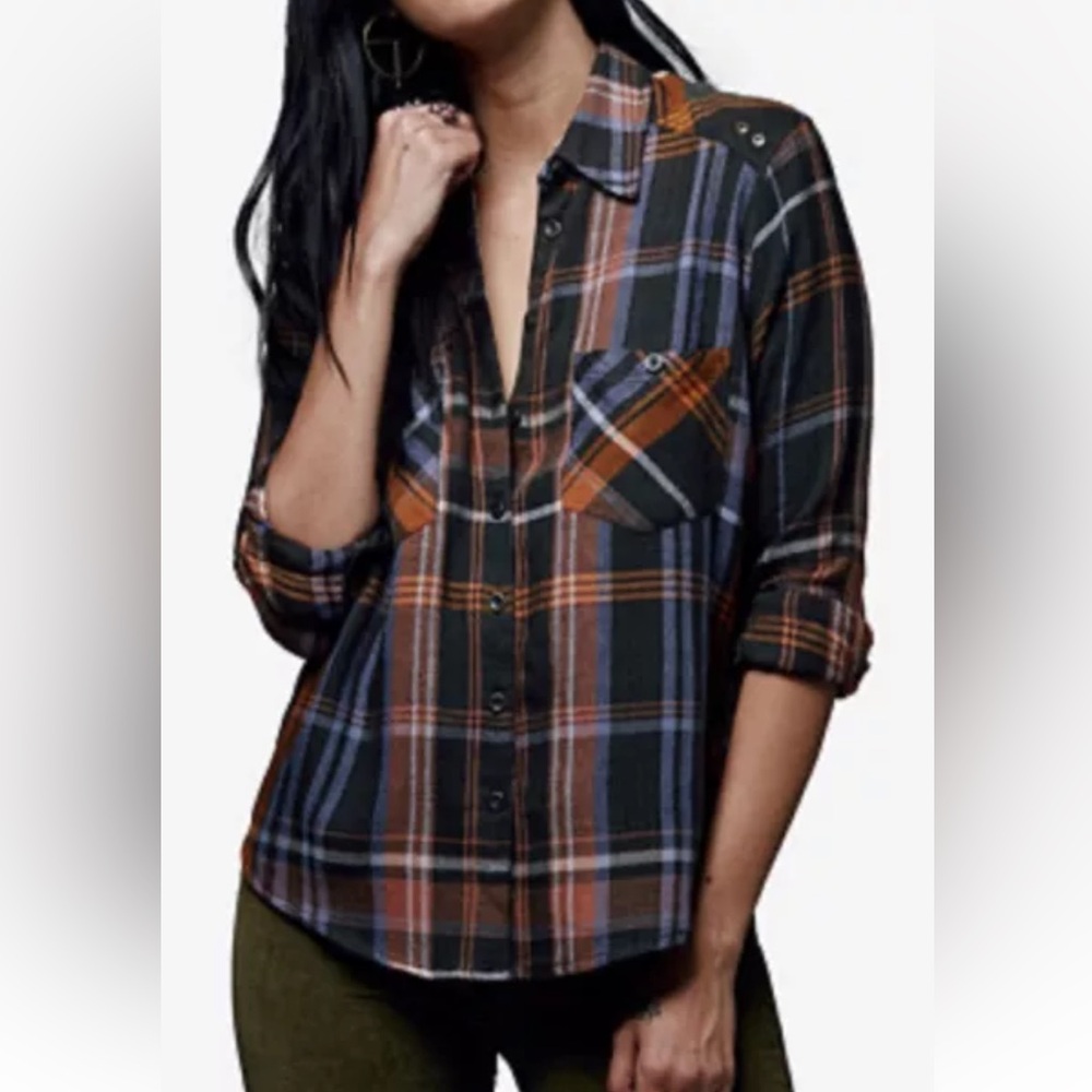 Free People Shirt Wesley Plaid Cotton Linen Boyfriend Shirt Blouse NWOT
